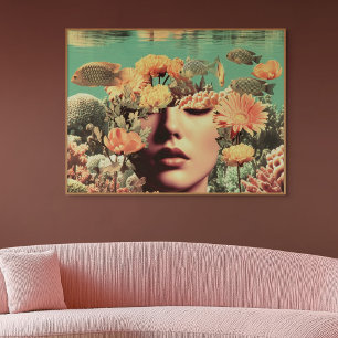 Surrealistisch onderwaterportret met koraalbloemen canvas afdruk
