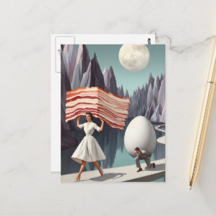 Surrealistisch ontbijt Mensen Giant Egg en Bacon Briefkaart