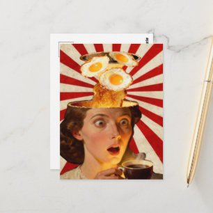 Surrealistisch ontbijt toast en koffie vrouw rood briefkaart