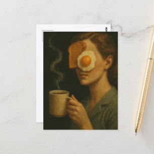 Surrealistisch ontbijt vrouw toast ei en koffie briefkaart
