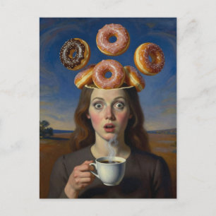 Surrealistisch ontbijtserie Donuts en koffievrouw Briefkaart