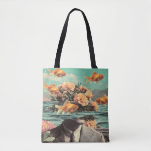 Surrealistisch Portret Met Goudvis Bloemen En Ocea Draagtas