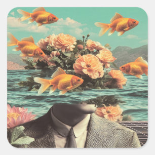 Surrealistisch Portret Met Goudvis Bloemen En Ocea Vierkante Sticker