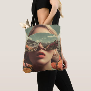 Surrealistisch Portret Met Zonnebril Die Bloem Wee Draagtas