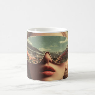 Surrealistisch Portret Met Zonnebril Die Bloem Wee Koffiemok