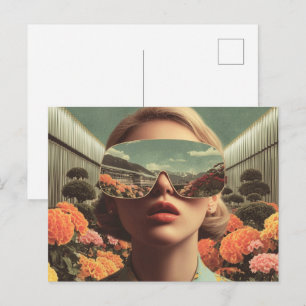 Surrealistisch portret met zonnebril die een bloem briefkaart
