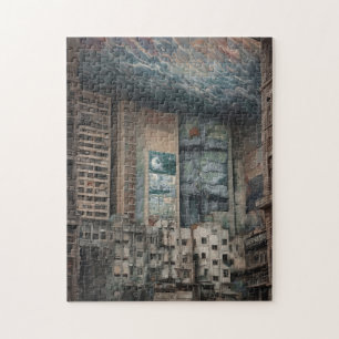 Surrealistisch stadsbeeld kunstwerk legpuzzel