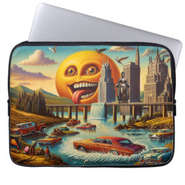 Surrealistisch stadsbeeld met antropomorfe zon laptop sleeve