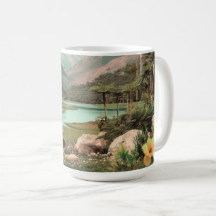 Surrealistisch tropisch meer met palmbomen koffiemok