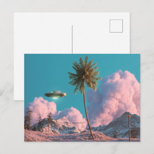 Surrealistisch UFO- en palmbomenberglandschap Briefkaart