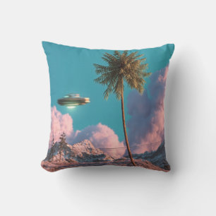 Surrealistisch UFO- en palmbomenberglandschap Kussen