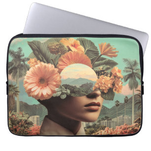Surrealistisch vrouwelijk portret met bloemmotieve laptop sleeve