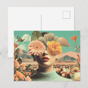 Surrealistisch vrouwenportret met bloemen die de o briefkaart