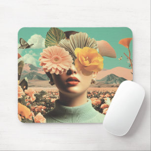Surrealistisch vrouwenportret met bloemen die ogen muismat