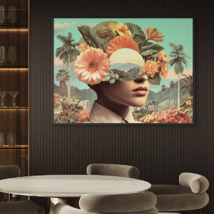 Surrealistisch vrouwenportret met bloemenelementen canvas afdruk