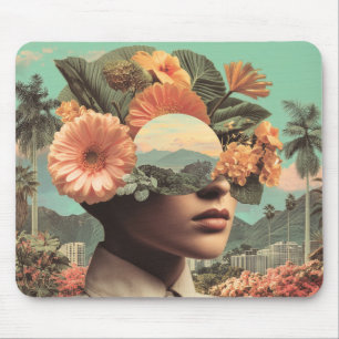 Surrealistisch vrouwenportret met bloemmotieven muismat