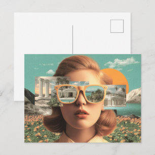 Surrealistisch vrouwenportret met retro zonnebril briefkaart