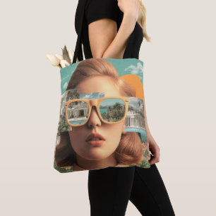 Surrealistisch vrouwenportret met retro zonnebril draagtas