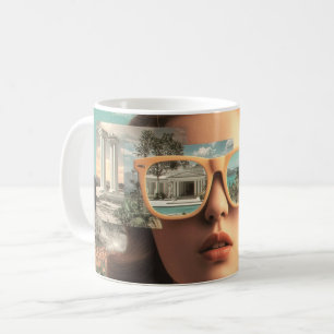 Surrealistisch vrouwenportret met retro zonnebril koffiemok