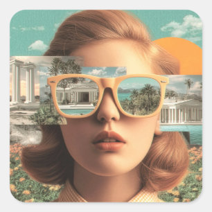 Surrealistisch vrouwenportret met retro zonnebril vierkante sticker