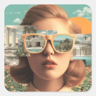 Surrealistisch vrouwenportret met retro zonnebril vierkante sticker