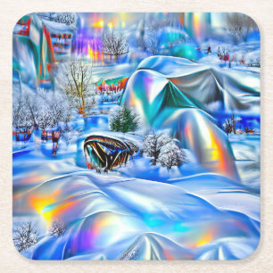 Surrealistisch winterwonderland met iriserende lic vierkante kartonnen onderzetter