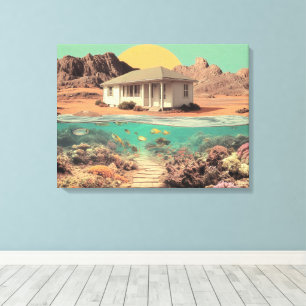 Surrealistisch woestijn huis met onderwater rif canvas afdruk