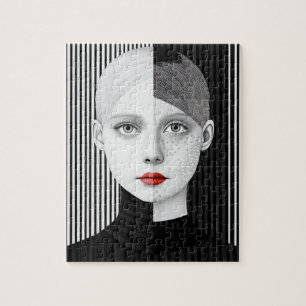 Surrealistisch zwart en wit gezicht rode lippen legpuzzel