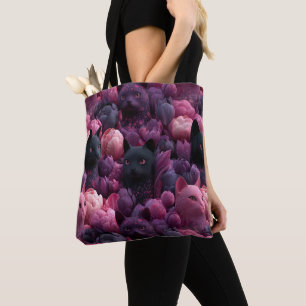 Surrealistisch zwart kat en roze pioen bloempatroo draagtas