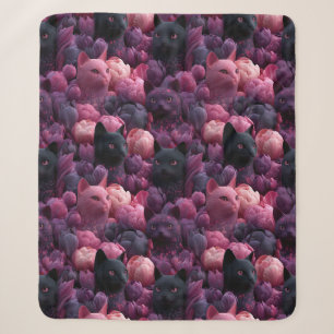 Surrealistisch zwart kat en roze pioen bloempatroo sherpa deken