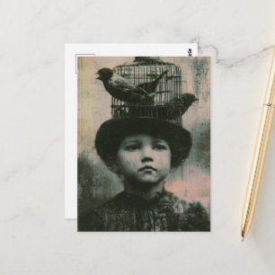 Surrealistisch zwart-wit kooi vogel en kind retro briefkaart