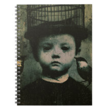 Surrealistisch zwart-wit kooi vogel en kind retro