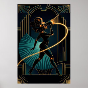 Surrealistische Art Deco Cameravrouw Gouden Silhou Poster