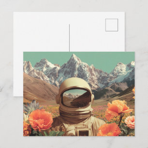 Surrealistische astronaut in bloemenveld briefkaart
