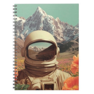 Surrealistische astronaut in bloemenveld notitieboek