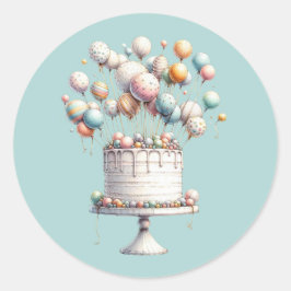 Surrealistische ballonnen en verjaardagstaart ronde sticker
