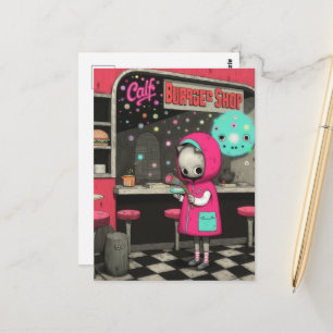 Surrealistische Burgerwinkel Kat in een Roze Jas Briefkaart