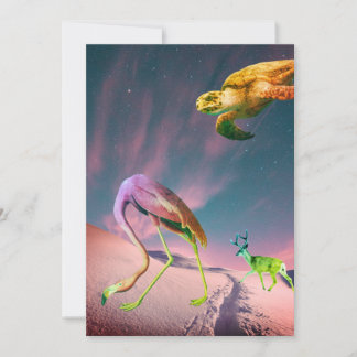 Surrealistische collage flamingo rendier schildpad feestdagenkaart