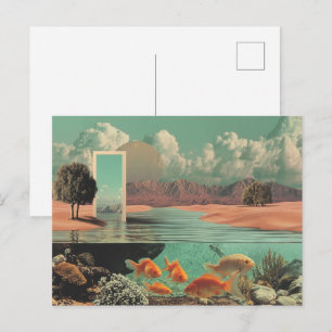 Surrealistische deur in woestijn met onderwater briefkaart