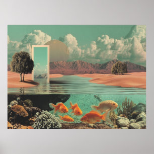 Surrealistische deur in woestijn met onderwater sc poster