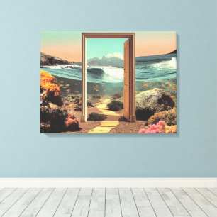 Surrealistische deuropening naar de oceaan met kor canvas afdruk