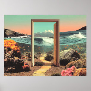 Surrealistische deuropening naar de oceaan met kor poster