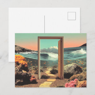 Surrealistische deuropening naar oceaan met koraal briefkaart