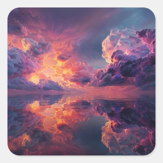 Surrealistische dramatische wolken met vurige zons vierkante sticker (Voorkant)