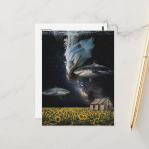 Surrealistische droom zwemmen met haaien op de pra briefkaart