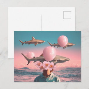 Surrealistische droomlandschap met haaien en ballo briefkaart