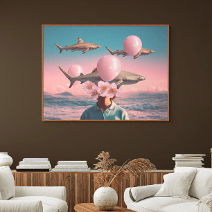 Surrealistische droomlandschap met haaien en ballo canvas afdruk