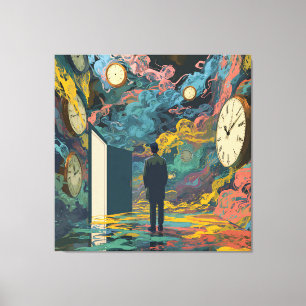 Surrealistische figuur kamer draaiklokken rook muu canvas afdruk