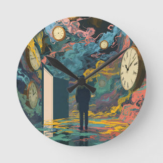 Surrealistische figuur kamer draaiklokken rook muu ronde klok