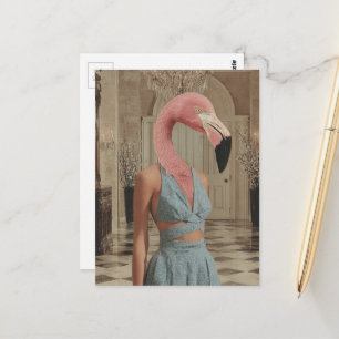 Surrealistische flamingo die blauw draagt in een k briefkaart
